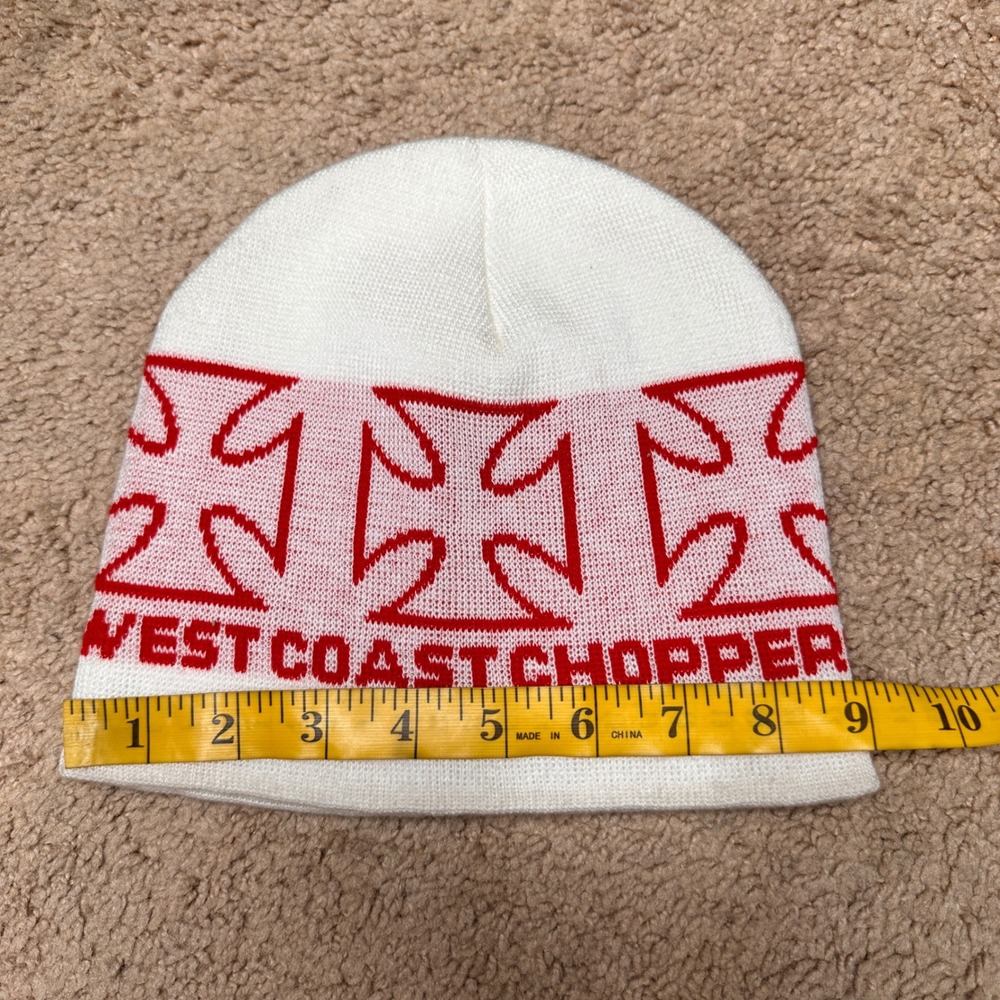 West Coast Choppers Beanie Hat White Red Iron Cross Logo Made in USA Vintage Y2K - Picture 5 of 6